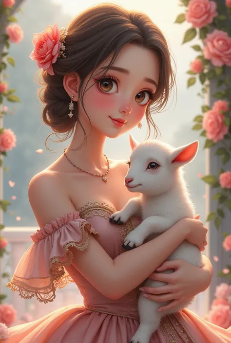 Young woman, dressed in rococo style clothing, holding a small goat, looking at the audience, calm, roses, anime