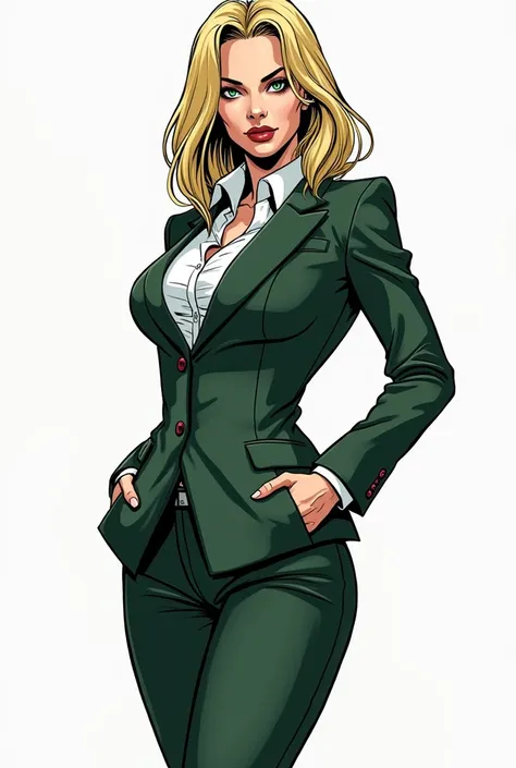  Manga characters, 43 year old woman, With dark blond hair,  with a cold look and a psychopathic expression, And sexy body , wearing a suit, In the color white and dark green,  manga version 