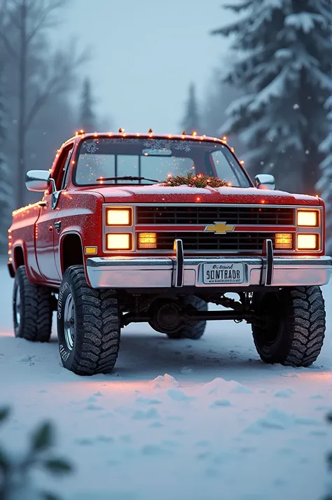 1983 Chevrolet Silverado painted red and white with Christmas flakes and Christmas details