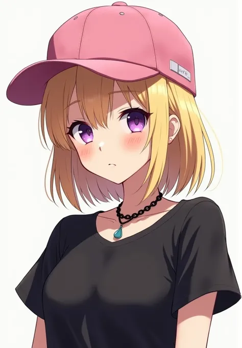 Anime girl blond hair, Pink cap , black necklace, purple eyes, cuteness overload,casual clothes like black/t-shirt,full body,4k hd quality , more adult looking, portrait white background 