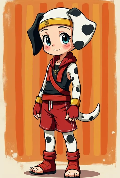  Adolescent boy looking like a Dalmatian dog wears a gold band on his forehead white and light red hair red and black water vest red shorts red shorts gold bands around the right arm in yellow red gloves with fingers out. sash on her waist, red bands on le...