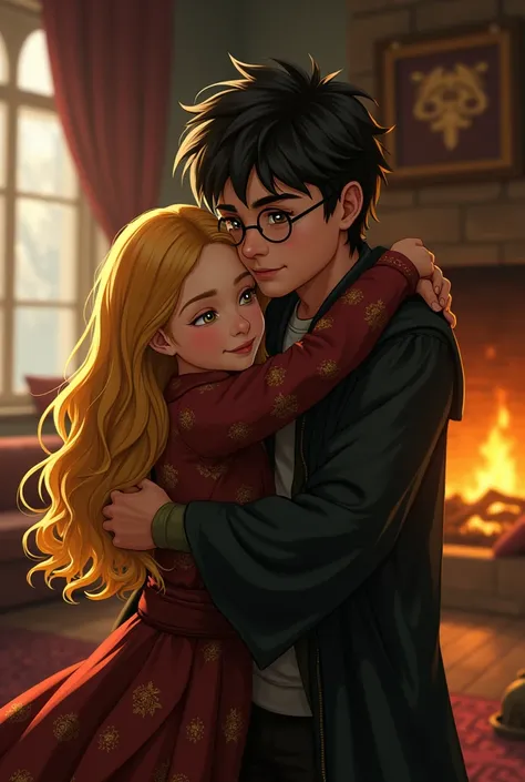 A girl with golden yellow hair hugs Harry Potter in the Gryffindor living room