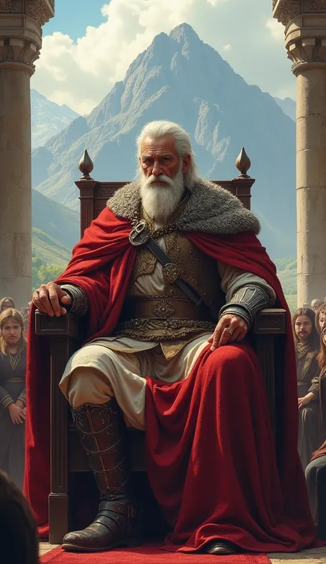 An image of a king dressed modestly but with an aura of authority, sitting on a throne with a sword and armor. His face reflects wisdom, surrounded by people showing him respect. The background shows a prosperous kingdom with mountains in the distance.  