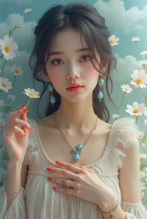 She has a ring on her right hand and a bracelet on her left wrist
She has a necklace with a pendant that has three blue stones.
Her earrings also have a blue stone.
The background of the image is a blurred image of clouds and flowers.
She is wearing make-u...