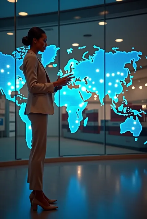  A confident and elegant woman ,  symbolizing leadership in global trade ,  Are you standing in front of a large digitized world map projected on a glass wall in a sophisticated office.  She wears a couture suit in neutral tones ,  with modern details that...