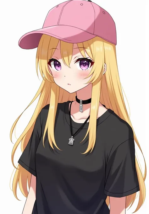 Anime girl blond hair, long hair Pink cap , black necklace, purple eyes, cuteness overload,casual clothes like black/t-shirt,full body,4k hd quality , more adult looking, portrait white background , portrait,w/pose