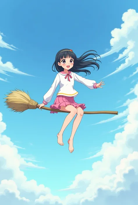 An anime woman sitting on a floating broom looking at the camera smiling with the perspective from the middle of the side seen from above 