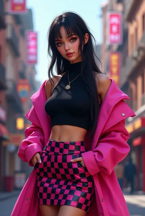 A girl wearing black top with checkered bodycon skirt and a pink coat over it