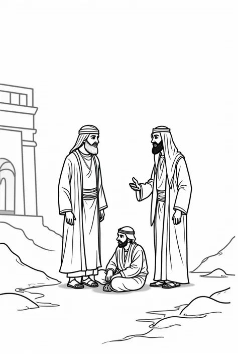 Black and white outlined colouring pictures,      rens colouring book style of two middle eastern men standing and talking to a middle eastern lame beggar sitting on the ground in front of the temple.