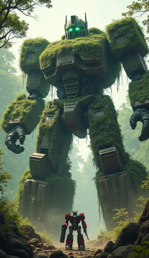 "A colossal robot ,  covered with roots and vegetation ,  awakening from their state of hibernation .  His eyes shine in a greenish tone as he rises from a natural pedestal made of rocks and trees.  Optimus and Megatron ,  small in comparison ,  prepare to...