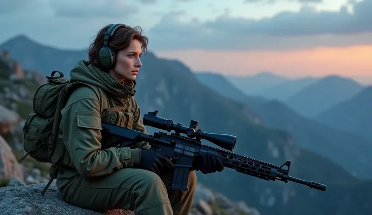 Superman and BaMasterpiece, a beautiful French female 32 years old spec ops sniper with headphones on sitting on a rock, light brown short hair, blue-grey eyes, freckles, concentrated face, hardened face, a beautiful soldier with a sniper rifle on a mounta...