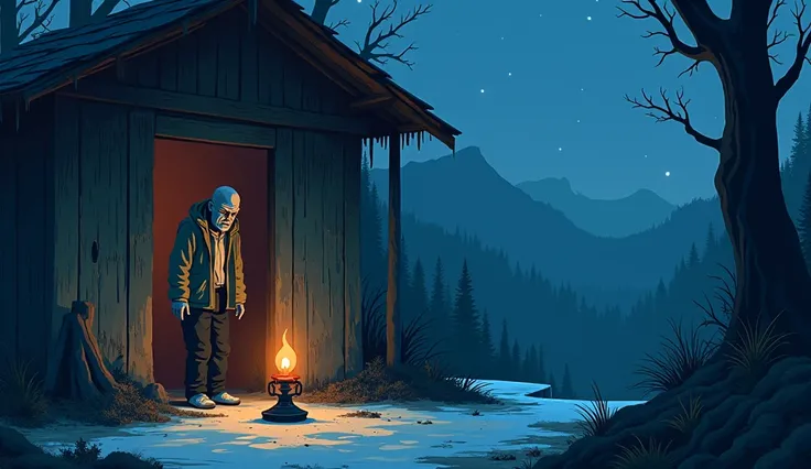 Inside a dimly lit, decrepit outhouse at the foot of a misty mountain, Mang Kardo stands frozen, his face pale with fear. The wooden walls are scratched and worn, with faint streaks resembling claw marks. The flickering light of his oil lamp barely illumin...