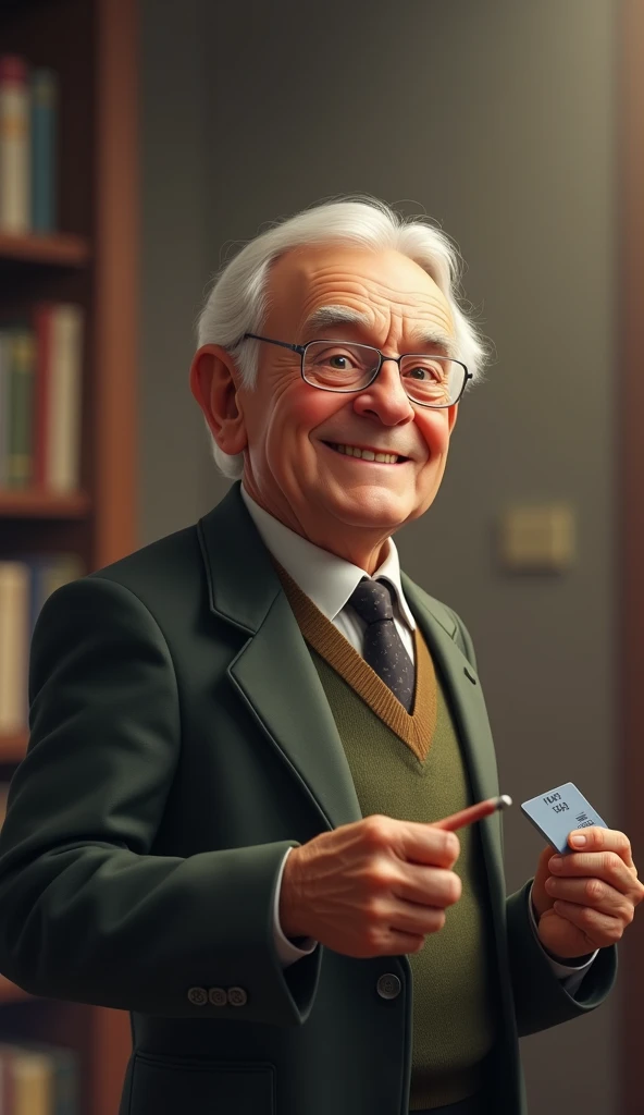  An elderly librarian named David with a small smile and a blurry membership in his hand. and in the back is a blurry library .