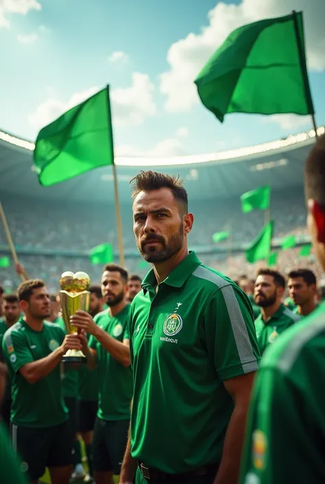 Football team technician at Estadio Lleno with green flags and players in the back all in green and white with the cup and powder 