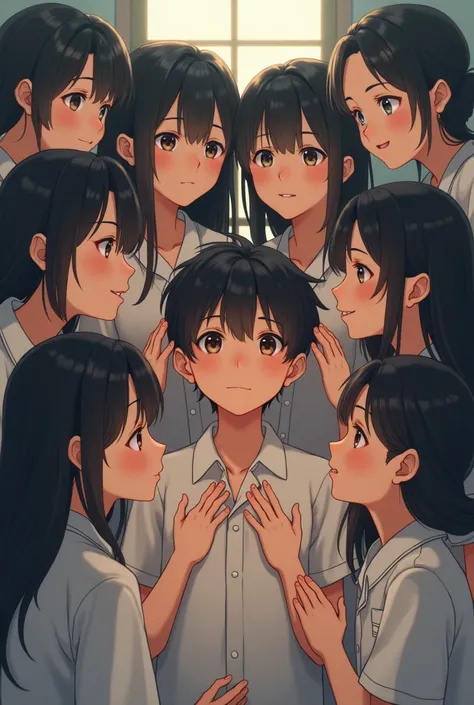 Ten beautiful Japanese high school students surround a burdened young boy and look at them with lovely eyes