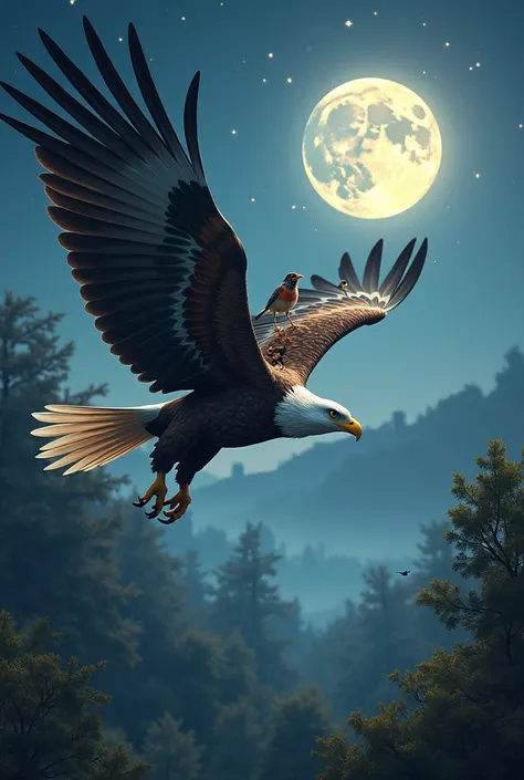 eagle that has a robin bird sitting on its back, on the robin birds back is an ant sitting, the eagle is flying over an huge entchanted forest, dusk, moon, million stars, hyperrealistic style