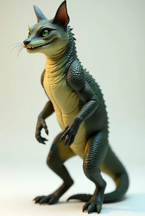 "A 3D-rendered hybrid creature that combines the body of a sleek house cat and the features of a crocodile. The creature has the head and sharp teeth of a crocodile, seamlessly blended with the furry body, paws, and tail of a cat. The texture transitions s...