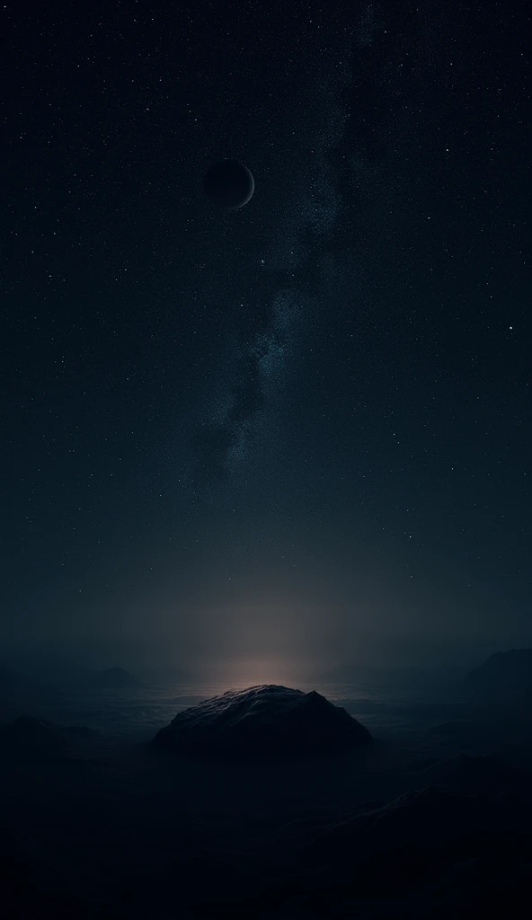 A vast, infinite space with glowing stars scattered across a dark canvas. The emptiness of space surrounds a lone, floating rock or planet, emphasizing the concept of vastness and nothingness in a tranquil, awe-inspiring way.