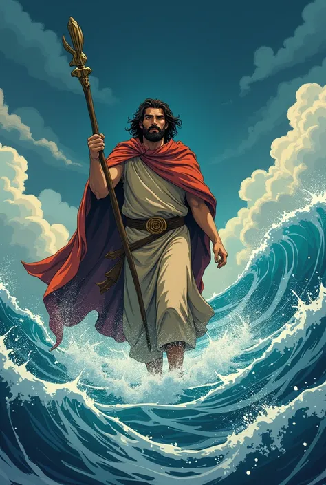 Moses, standing tall and resolute, holding his staff in one hand, ready to follow the divine command. His expression is serious and authoritative, demonstrating confidence in what is about to unfold.Moses wears a simple tunic in earthy tones, with a flowin...