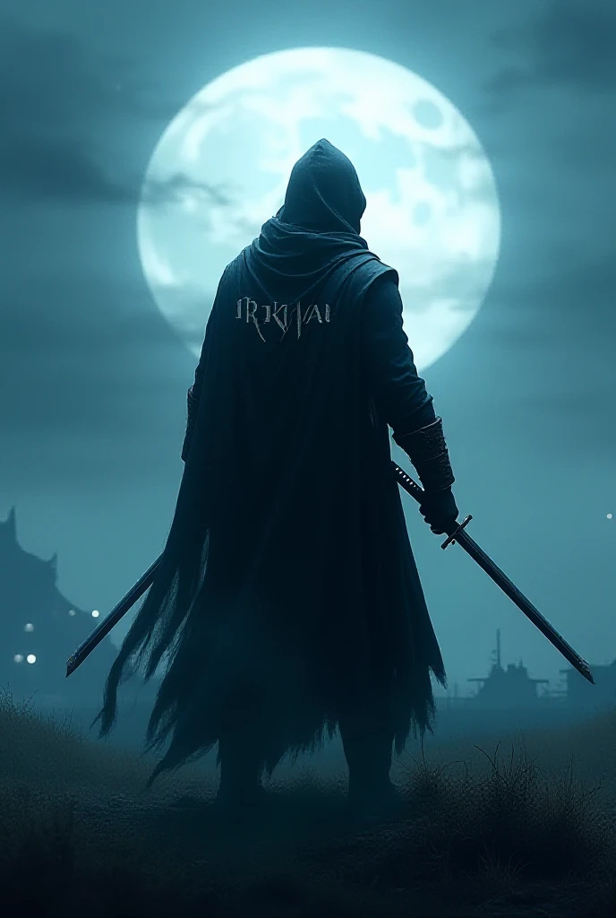 Create me a hooged assasine with 2 katanas standing on a full moon battleground looking back there is a name on his back dress called "RIFKHAN" 