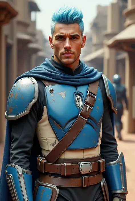 star wars. Young man. Mandalorian with light blue hair, wolf cut hair, fit body, 26 years old, smiling slightly, blue and white armor