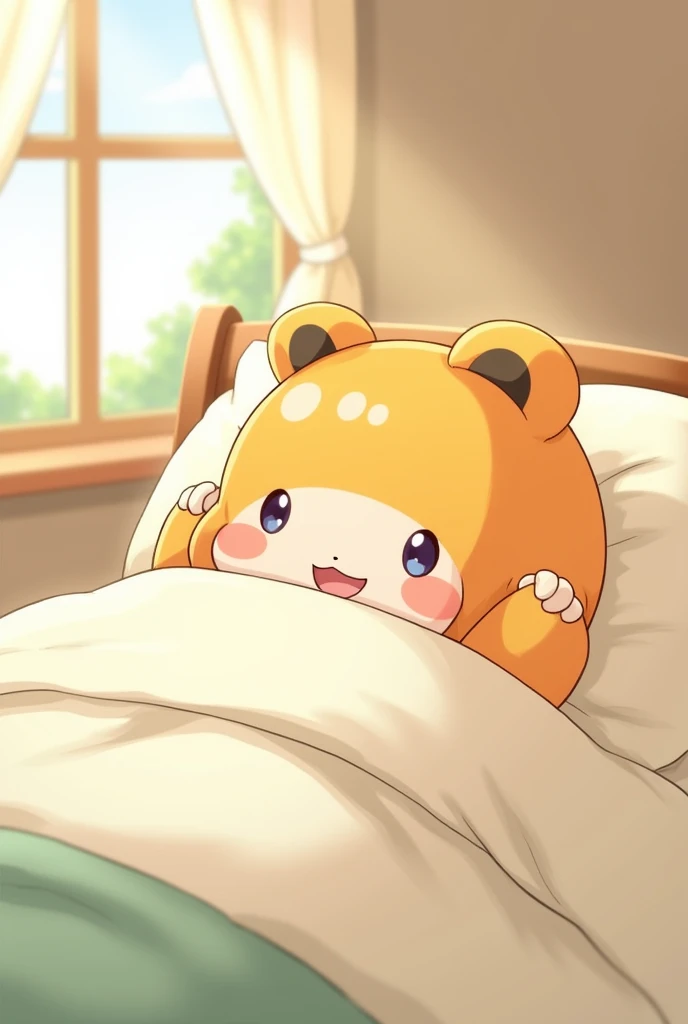  Face of a cheerful Michi in bed with his hands under his head, The bed is tidy ,  the Michi is in the center animated version  