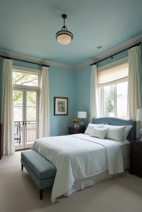 The bedroom is just as spacious as the rest of the mansion. The walls are painted a soft shade of blue and theres a large king sized bed in the middle of the room. Theres also a balcony that overlooks the courtyard outside.