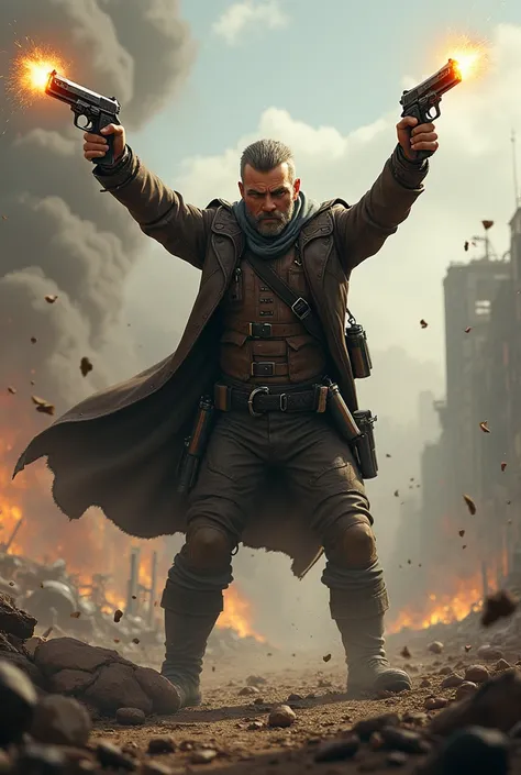 A fierce gunslinger warrior shooting with two pistols in his hands upwards of a war scene