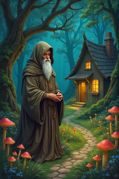  Keeper of the forest . mushrooms, fireflies, Old house.