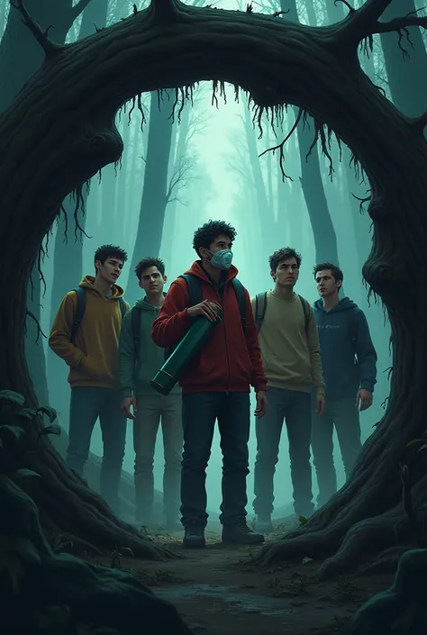 Make a cover picture of adult boys in forest in a trip and make one of them wearing oxygen mask and holding oxygen cylinder.add five boys and make it horrifyand add this frame in round tree