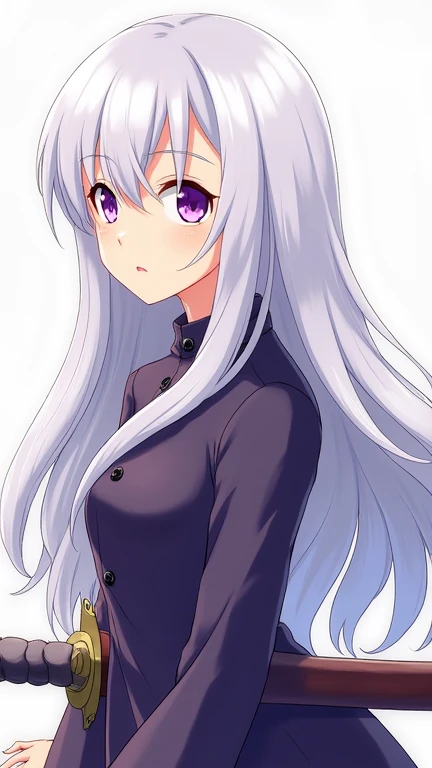 Anime Girl,Single, high resolution , masterpiece,  anatomically correct ,  best quality ,  long hair, White hair, surprise, Purple Eye,  character side, Holding an unsheathed sword，Indifferent eyes ，Look forward，grace，sideways