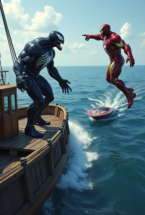 Venom at an old, ugly and little wood boat at ocean 🌊 and beside of him ironman flying using his costume and pointing ☝️ his hand to Futuristic Hydrofoil Boat at middle of the ocean 