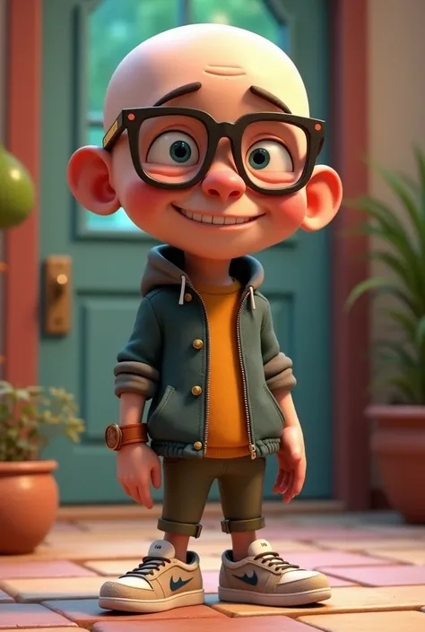 Pixar-like image, 40-year-old bald boy , skinny, with square lenses with heater and sports shoes and light brown leather