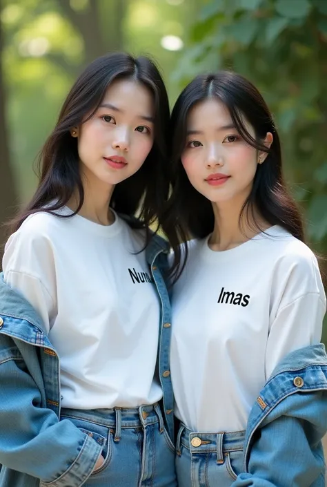  Photo shoot 2 beautiful girls from Korea wearing white t-shirts and jeans jacket on each t-shirt there is the name NURUL, IMAS 