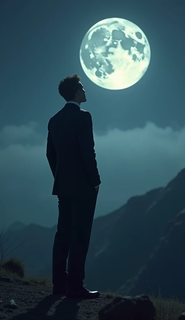 Picture of a guy in a suit looking at the moon from afar and form behind behind