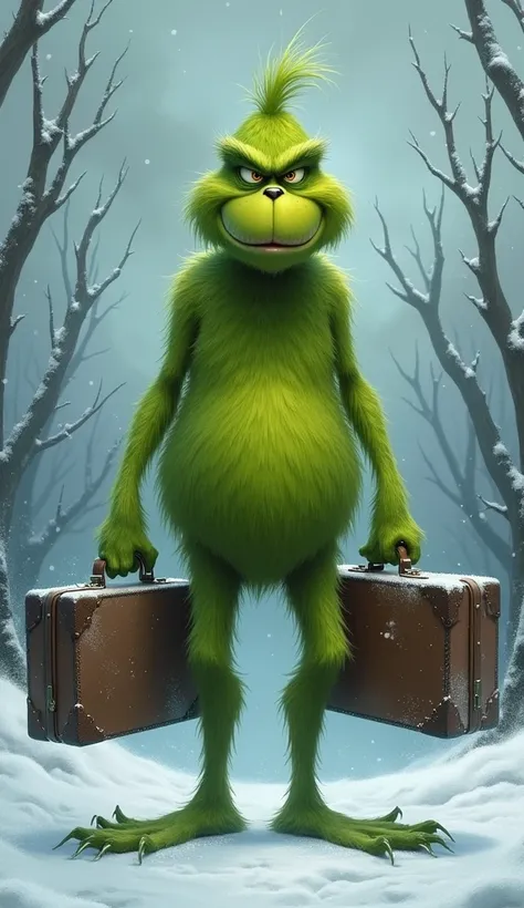 Grinch holding a suitcase on his left hand