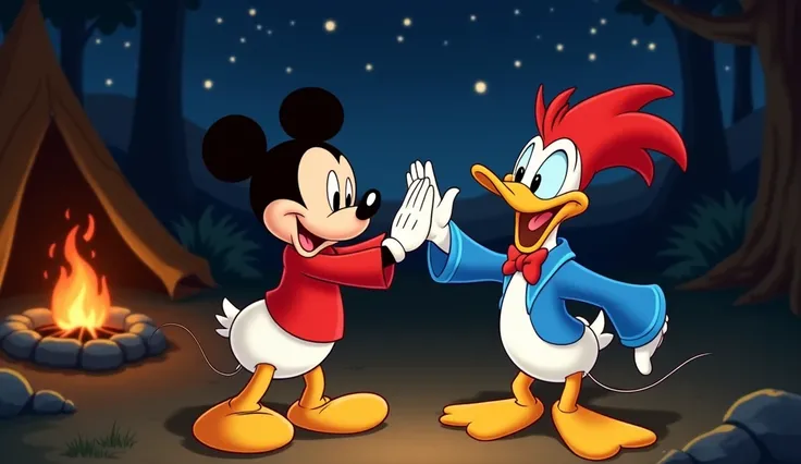 A playful scene where the three characters Donald duck, Mickey mouse, Woody woodpecker Head and Crest**: Red feathered head with a tall, spiky crest and expressive oval eyes with thick black outlines.
Beak**: Long, pointed yellow beak with a confident smir...