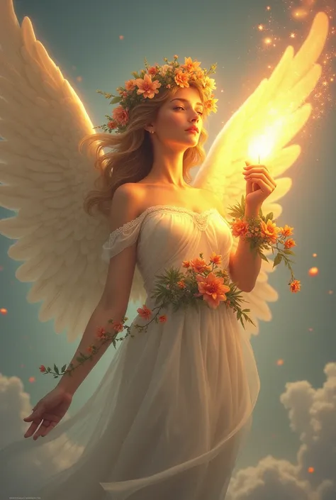 Angel with a torch and a garland of flowers