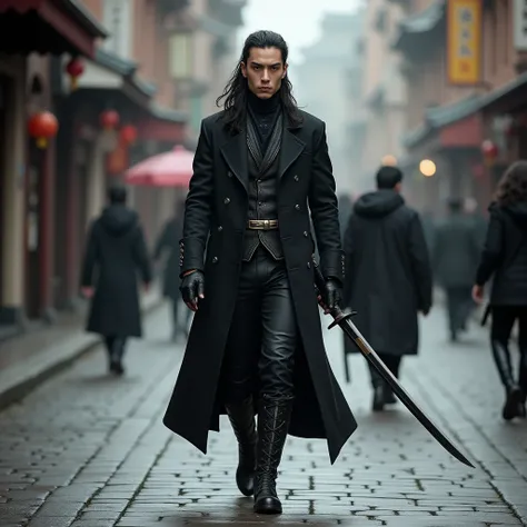  create an image of a thin man , oriental features, wearing Gothic clothing , high boots, 20 years,  carrying a samurai sword ,  walking down the street Realistic image and real human proportions.  High resolution and photographic quality . 
