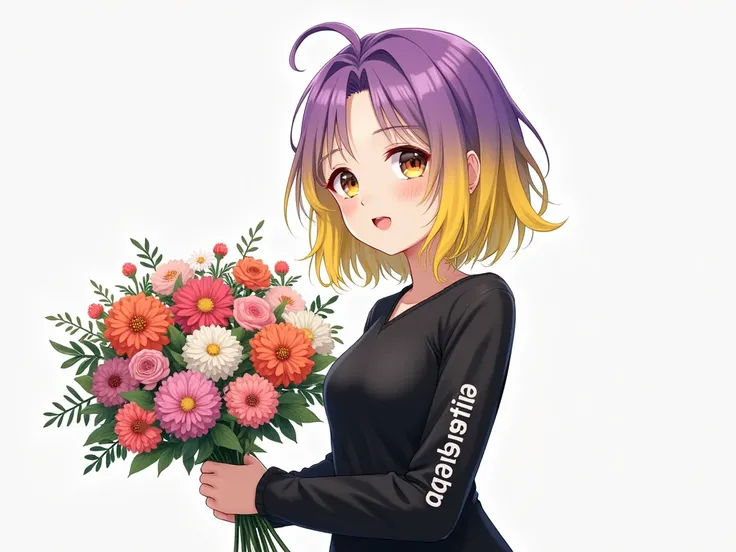 a , yellow purple hair, black dresses with "AISNRG" text printed on the right arms, age 15, holding a bouquet of flowers