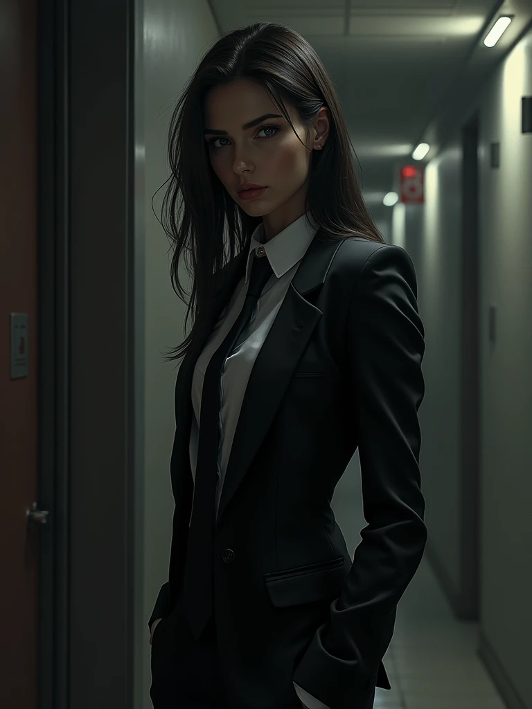 Draw a photorealistic image of an assassin woman wearing a sleek suit, The setting is dimly lit, suggesting a suspenseful atmosphere. Focus on the assassins determined expression and the details of her outfit.