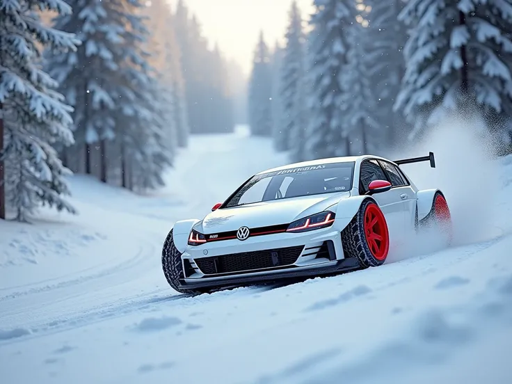  Christmas Golf GTI 7 .5 widened white with red tires skidding on a snowy curve tunneling Christmas