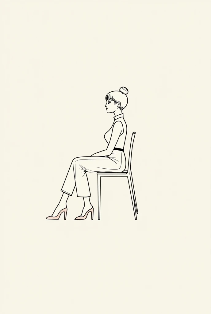 Model girl sitting on a chair crossing her legs,  looking in the front,  profile view  , Outlined to draw