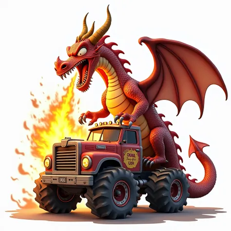 Ancient Cartoonish Dragon Monster berating fire on Monster Truck Sublimation, highly detailed, on white background.