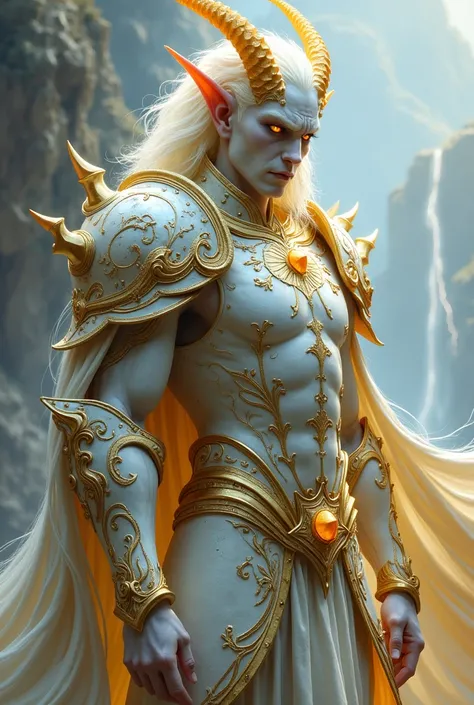 Make an albino Tiefling champion, with white and gold armor referring to the ancient cult of Arc Dragons in which he participated