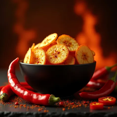 "A photorealistic scene featuring a bowl of spicy banana chips in a dark, dramatic setting. The banana chips are circular, thinly sliced, with a golden-yellow color and subtle ridges, coated with vibrant red chili seasoning. The bowl is matte black, placed...