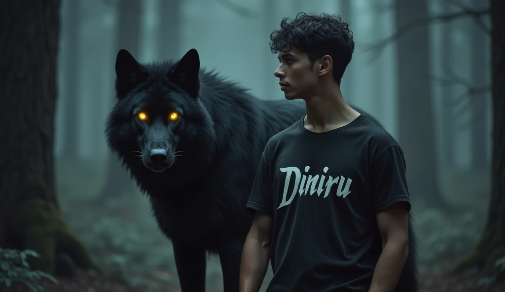 g
A man must wear T-shirt named Diniru who standing with a Black wolf and its eyes must glowing yellow and the background must dark forest and 