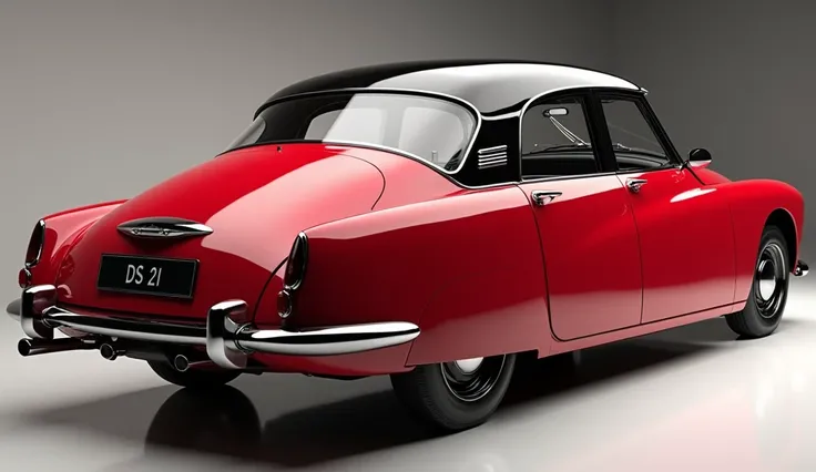 create an ultra-detailed 3D render, of a Classic 1950 Citroen ds 21 with a bold design looking long  captured from close straight back  view. The car should feature a Gleamy  bold red  color with a citroen   logo on its rear. a large white detailed grille ...