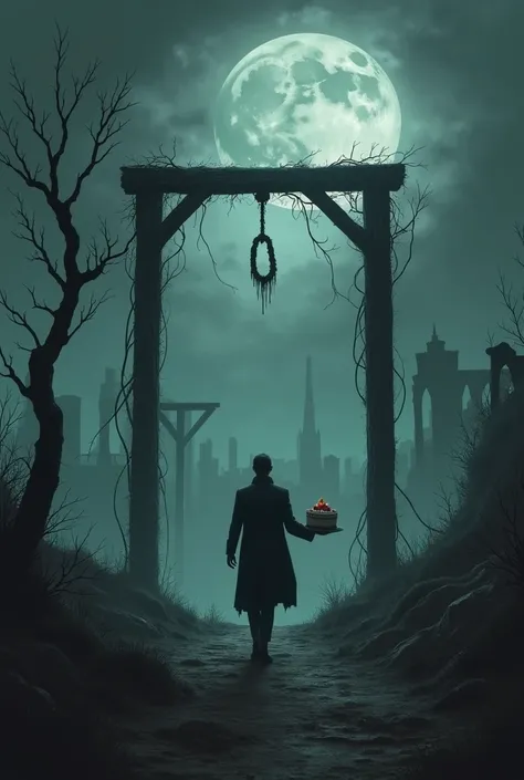 create an image with a dark, gothic landscape in which there is a gallows and a man walking towards it with a cake