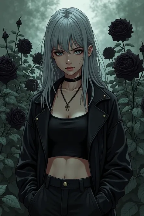 Jeune femme blanche, visage grave, yeux gris, longs cheveux gris, vêtements hip hop style en gris et noir, bande dessinée, dans le jardin de roses noires,